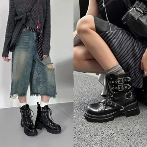 Gothic Womens Riding Ankle Boots Buckle Round Toe Leather Casual Mid Calf Boots - Picture 1 of 16