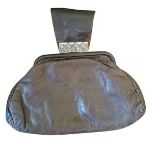 Vintage braune weiche Leder Handgelenktasche Clutch Handtasche Tasche mit Lucite Verschluss - Bild 1 von 8