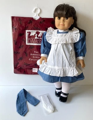 American Girl Doll Samantha Blue White Play Dress Pinafore & Hair Ribbon Vintage - Image 1 of 4