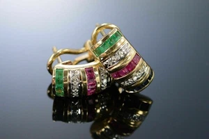 4Ct Simulated Sapphire Ruby Emerald 14K Yellow Gold Plated Omega Clip Earrings - Picture 1 of 7