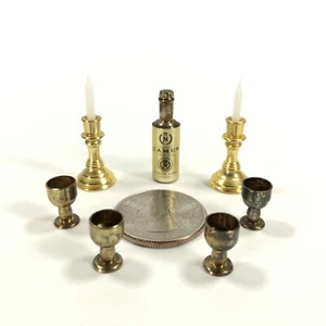 7 Stück Lot Miniatur Messing Kerzenhalter Weinflasche und 4 Weingläser Becher - Bild 1 von 6