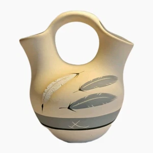 NAVAJO Native American Pottery Signed GREY FEATHER Wedding Vase 35 6x7"H - Picture 1 of 23