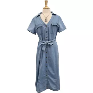 Women's Denim Button Midi Dress XL Blue Short Sleeve Pockets Collared Casual NWT - Picture 1 of 16