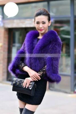 Abrigo bufanda abrigo 100 % lavanda tejida piel de visón cuello de zorro capa estola chal GCZT Foto 1 de 4