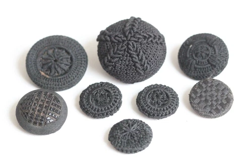 8 Antique Black Fabric & Thread Crocheted Covered Button Lot Cover