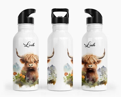 Personalised Highland Cow Water Bottle Drinks Bottle, Adults Kids School  Sports - Image 1 of 4