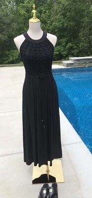 Dana Buchman Sz 4 Black Embroidered Halter Maxi Dress With Pockets Tie Waist EUC - Image 1 of 4