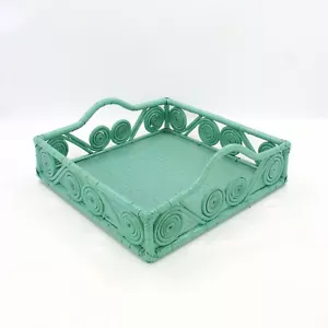 1940s Vintage Inspired Swirly Square Rattan Tray, Luxury Home Decor, Turquoise - Picture 1 of 6