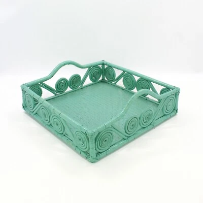 1940s Vintage Inspired Swirly Square Rattan Tray, Luxury Home Decor, Turquoise - Image 1 of 4