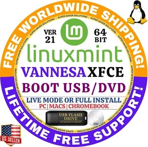 Linux MINT 21 USB VANESSA XFCE 64-Bit Live Boot, Full Install works on MAC, PC - Picture 1 of 7