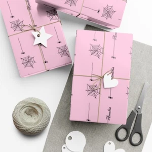 Personalized Halloween Wrapping Paper Roll, Cute Gift Wrap, Pink Spider Paper - Picture 1 of 10