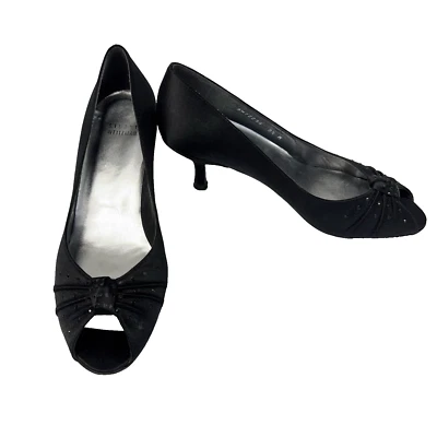 Stuart Weitzman Women's Kitten Heel Peep Toe Black Satin Pumps 8.5 Cocktail - Image 1 of 4