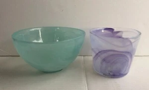 2Pcs Vtg Art Blown Glass Swirl (Purple Votive Vase Turkey & Unknow Blue Bowl) - Picture 1 of 12