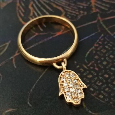 Anillo Hamsa Charm Chapado en Oro 925 Plata Banda Mano de Fátima Cristales Delicado 8 Foto 1 de 4