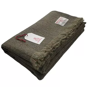 Harris Tweed Green & Fawn Herringbone Pure Wool Large Throw Blanket 150x200cm - Picture 1 of 2