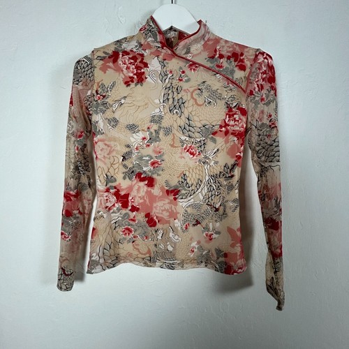 Top vintage Kay Celine trasparente stampa drago floreale manica lunga maglia piccolo beige