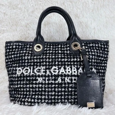 Dolce & Gabbana black and white tote bag authentic big Logo Tweed leather Charm - Image 1 of 4