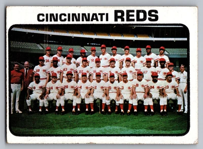 Tarjeta del equipo 1973 Topps #641 Cincinnati Reds con banco/Pérez/Rose/Morgan Foto 1 de 3