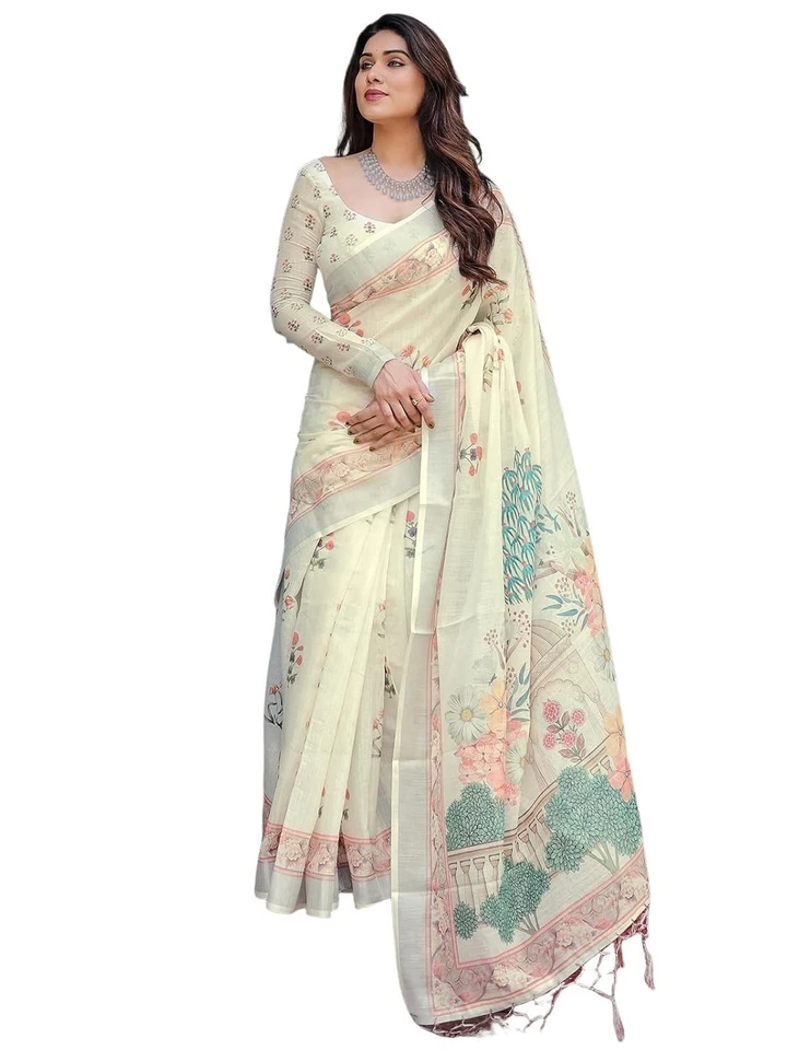 Sari estampado con borde Zari de lino para mujer con pieza blusa sin costuras Foto 1 de 1