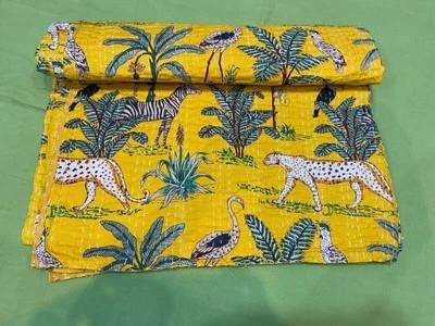 Indian Animal Print Kantha Quilt King Size Bedspread Cotton Yellow Boho Coverlet - Image 1 of 4