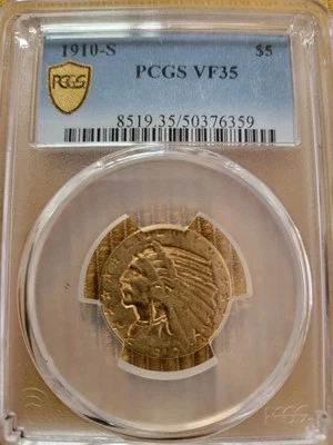 1910 -S $5 Indian Coin PCGS VF 35 Gold 0.900under fineness  - Image 1 of 4