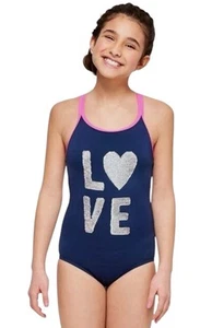 Justice Girls 1 Piece Swimsuit Blue 8 Strappy Back Lined Flip Sequins Graphic - Picture 1 of 14