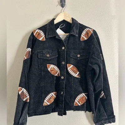 NWT Black  Football Sequin Embroidery Washed Corduroy Jacket Large - Изображение 1 из 4