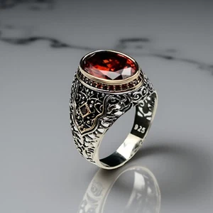 925 Silver Garnet Men's Ring, Bold Handmade Design, Turkish Artisan Jewelry - Picture 1 of 8