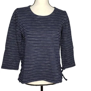 Madewell Pullover Sweater Medium Blue Stripe Lace Up Sides Cotton 3/4 Sleeve - Picture 1 of 7