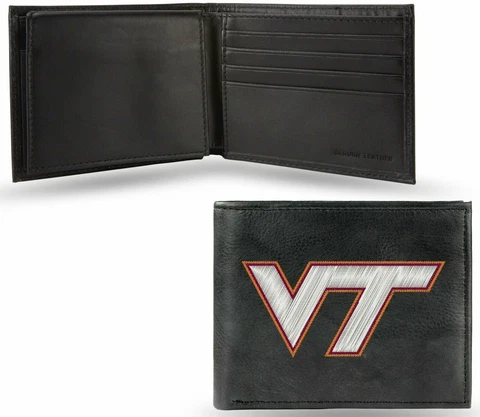 Virginia Tech Hokies Wallet Premium Black LEATHER Embroidered BiFold Billfold Cover