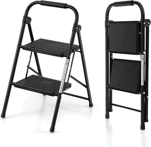 2 Step Folding Step Ladder w/ Safety Handrails & Wide Anti-slip Pedals for Black - Picture 1 of 4