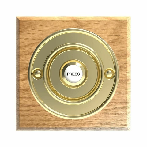 Traditional Square Wired Doorbell in Honey Oak and Brass Cover