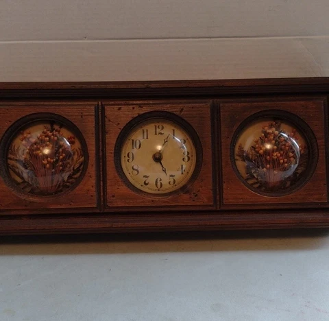 Vintage Clock Wooden Dried Flowers w/Battery Operated  Hard Plastic Domes DT USA Cover