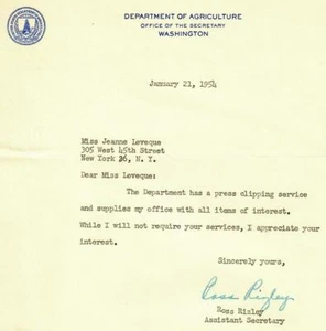 RAR! "Landwirtschaftsminister" Ross Rizley handsigniert TLS von 1954 - Bild 1 von 1