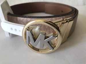 CINTURA DONNA MICHAEL KORS ROSA/MARRONE CIOTTOLATO LOGO FIRMA REVERSIBILE XL NUOVA CON ETICHETTE - Foto 1 di 13