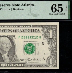 1993 $1 Federal Reserve Note PMG 65EPQ Gem - Near Solid Serial Number - 22222212 - Picture 1 of 3