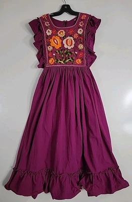 Vestido túnica mexicano bordado a mano púrpura floral talla mediana sin mangas con volantes Foto 1 de 4