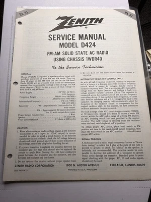 ZENITH ® Model D424 Chassis 1WDR40 Solid State AC Radio Service Manual © 1968 - Image 1 of 4