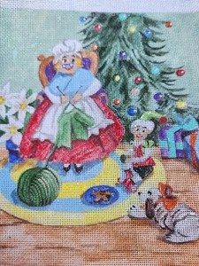 Mrs Claus Knitting Christmas Dog~Needlepoint Canvas - Picture 1 of 3