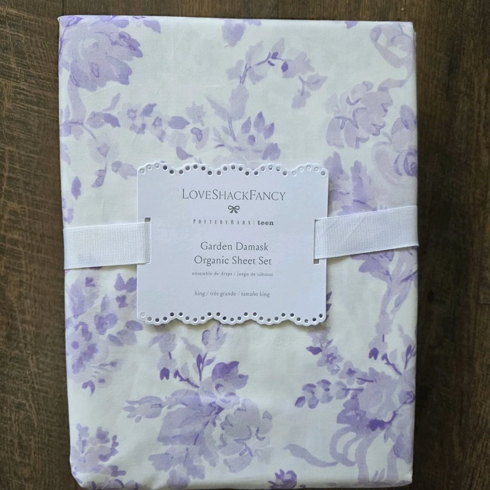 Nuevo Juego de Sábanas Pottery Barn LoveShackFancy Jardín Damasco Orgánico KING Lavanda Foto 1 de 4