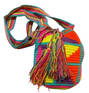 Mini Small Colombian Wayuu Mochila Bucket Bag Neon Colors Geometric Drawstring - Picture 1 of 9
