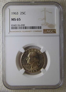1963 Washington Silver Quarter Dollars 25C, NGC MS65, SWEET TONING COIN!!! - Picture 1 of 5