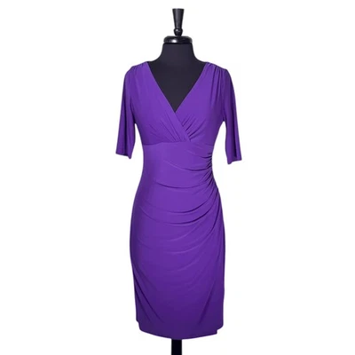 Ralph Lauren 女式连衣裙 6 紫色 V 领弹力人造裹身优雅紧身 Midi — 第 1/4 张图片