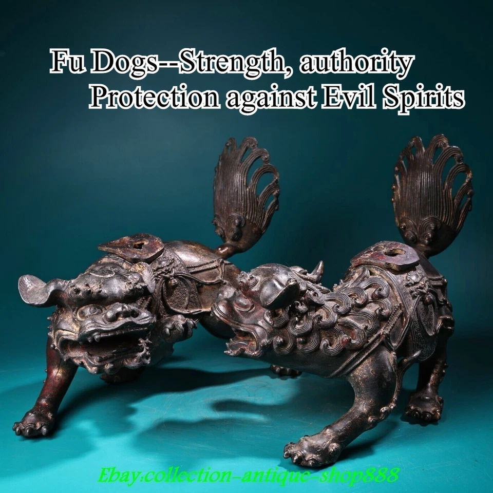 10" Old Chinese Bronze Gilt Fengshui Dragon Foo Fu Dog Guardion Lion Statue Pair - Image 1 of 4