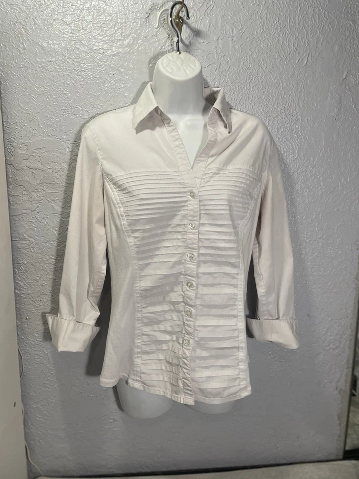 Larry Levine 签名衬衫白色纽扣细条纹打褶 L 码 — 第 1/4 张图片