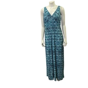 Chaps Blue Patterned Maxi Dress Womens V-Neck Sleeveless Lg NWT - Picture 1 of 7