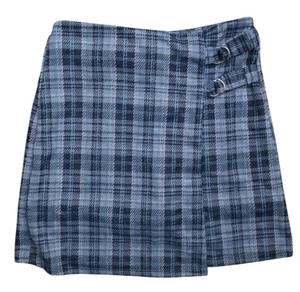 Blue Plaid Knit Works Wrap Skirt With Double Buckle Detail Size M - Picture 1 of 2