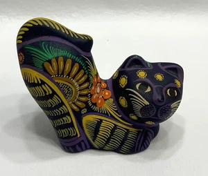 Gatto Nero Arte Popolare Messicana Stretching Dipinti a Mano Ceramica Fiori Giallo/Arancione - Foto 1 di 6