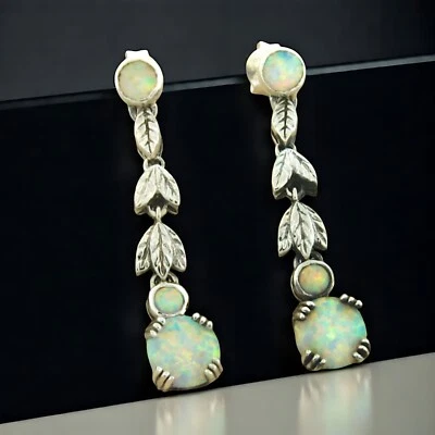 ANTIQUE STYLE DANGLE EARRINGS 925 STERLING SILVER LAB-CREATED OPAL          #665 - Image 1 of 2