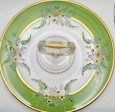 Vintage Hand Painted Floral Green Gold Glass Tidbit Tray Sandwich Center Handle